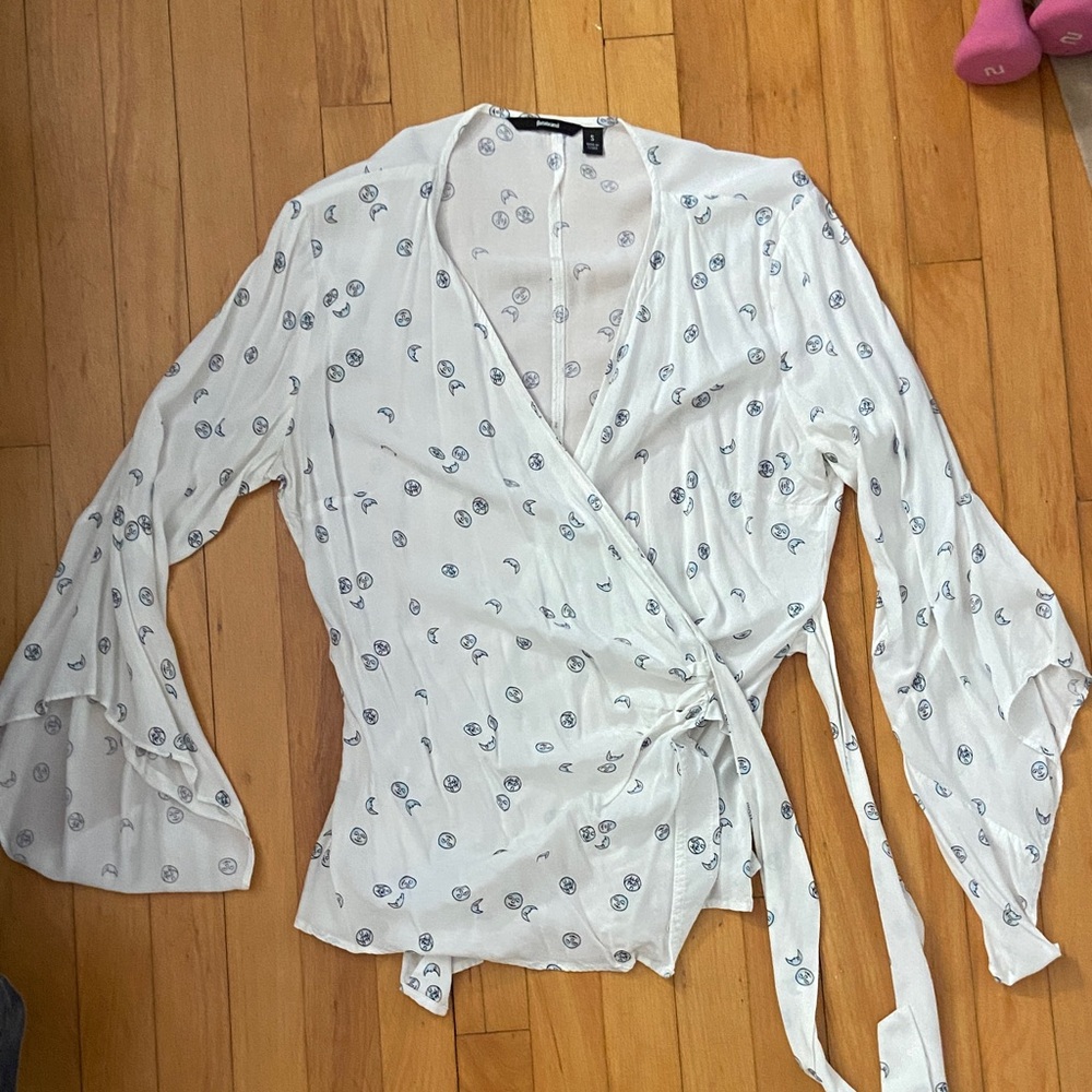 Betabrand Wrap Blouse, Small, Moon Print